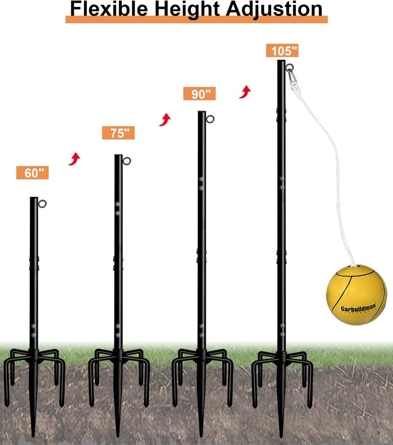 Garbuildman Tetherball Set with Ball & Rope for Outdoor Backyard, Adjustable Tether Ball Pole with Screw Reinforcement 5-Prong Base for Playground, Outside Ball Games Sports for Kids & Adults - Image 2
